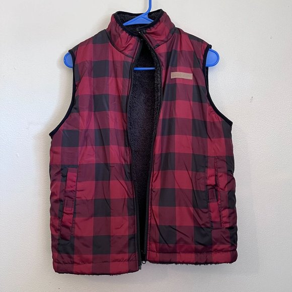 Buffalo David Britton Puffer Vest Women Large Red Plaid Reversible High Collar - Picture 1 of 13